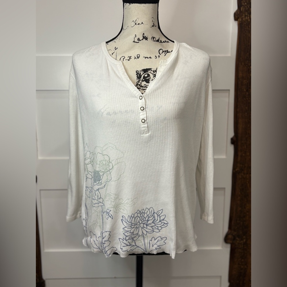 Faded Glory White Floral Top XL 16/18 Cotton Snap Front Long Sleeve Blouse